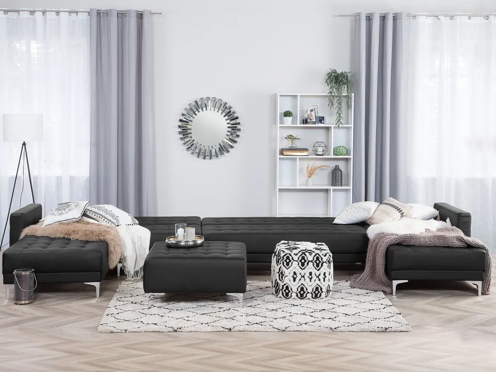 Divano letto XXL forma di U pelle sintetica nera ABERDEEN
