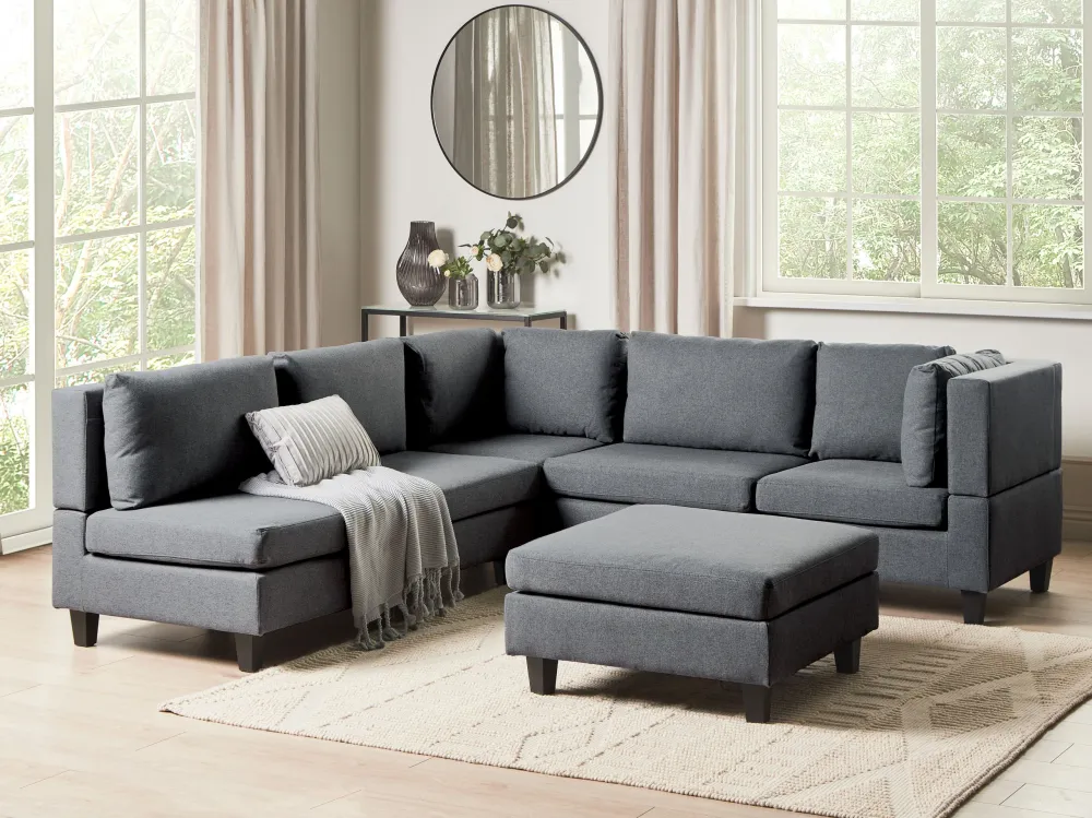 Divano modulare angolare tessuto grigio tenebroso lato sinistro 5 posti con pouf UNSTAD