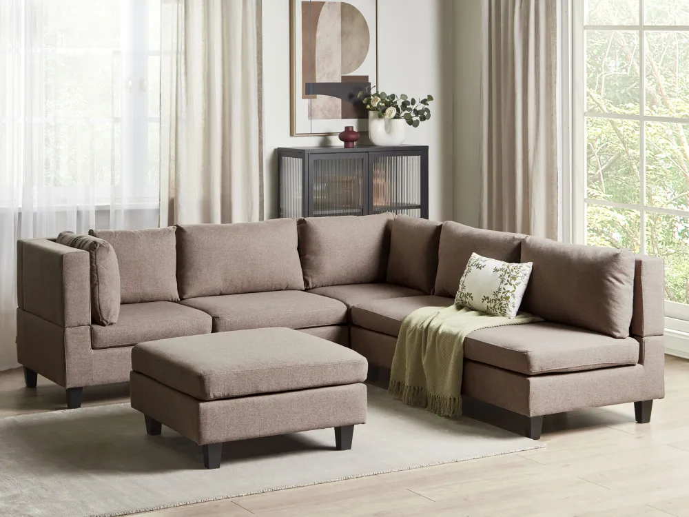 Divano modulare angolare tessuto marrone con pouf 5 posti lato destro UNSTAD