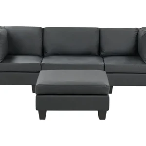 Divano modulare pelle sintetica nero 3 posti con pouf UNSTAD