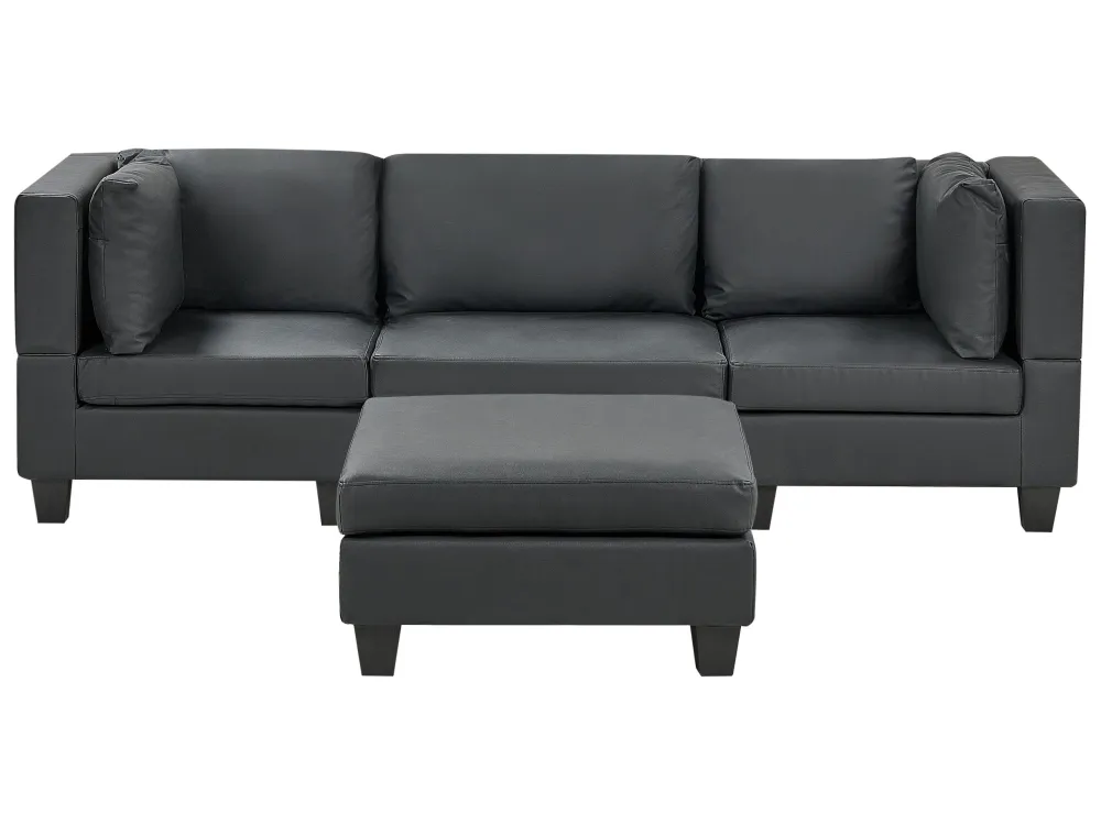 Divano modulare pelle sintetica nero 3 posti con pouf UNSTAD