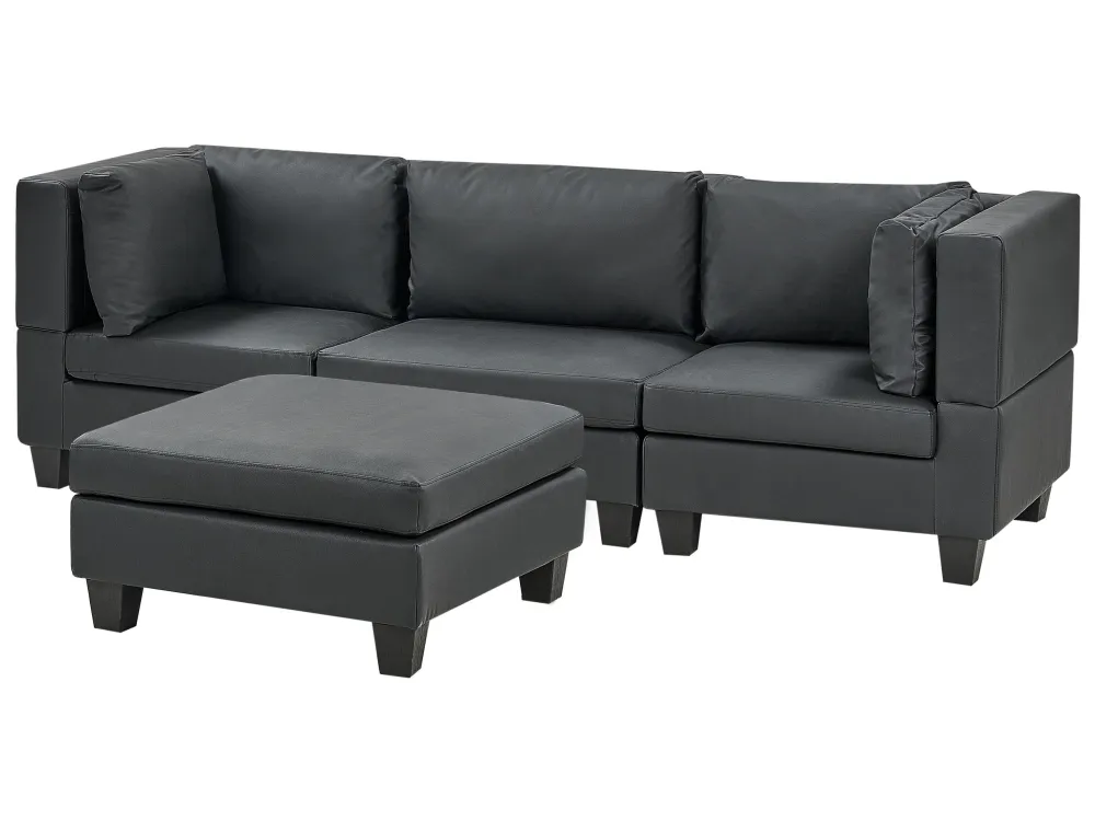 Divano modulare pelle sintetica nero 3 posti con pouf UNSTAD