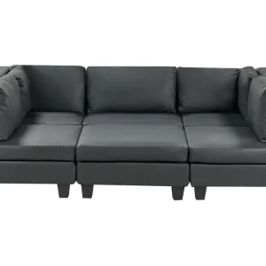Divano modulare pelle sintetica nero 5 posti con pouf UNSTAD