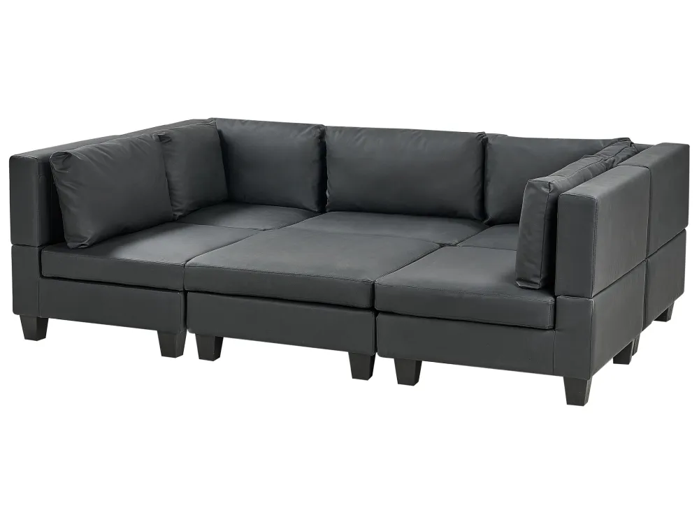 Divano modulare pelle sintetica nero 5 posti con pouf UNSTAD
