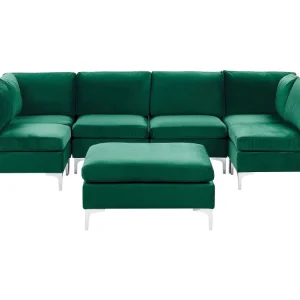 Divano modulare 6 posti forma di U velluto verde con ottomana EVJA