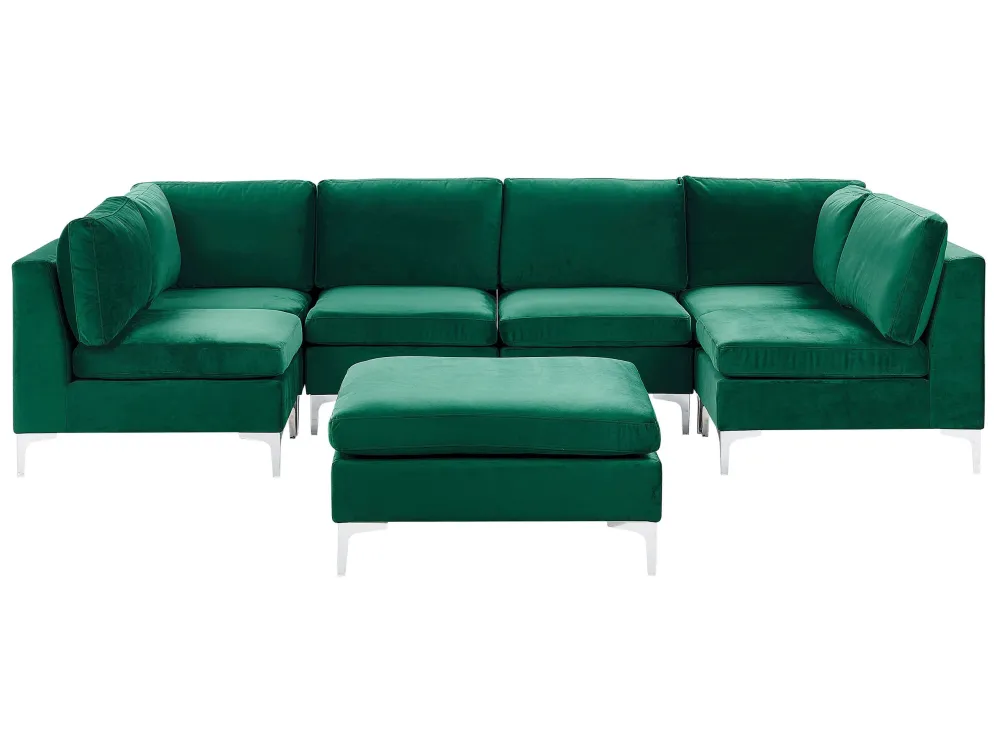 Divano modulare 6 posti forma di U velluto verde con ottomana EVJA