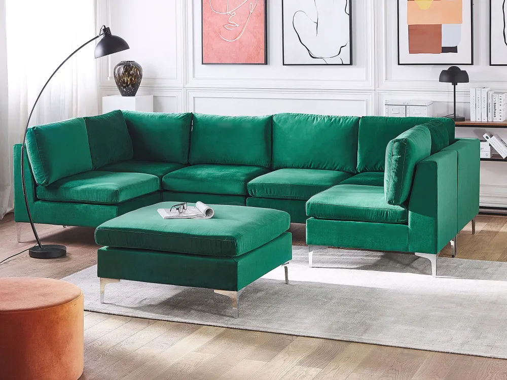 Divano modulare 6 posti forma di U velluto verde con ottomana EVJA