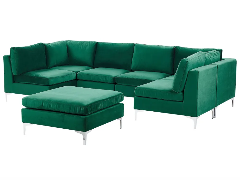 Divano modulare 6 posti forma di U velluto verde con ottomana EVJA