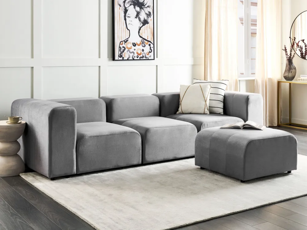 Divano modulare velluto grigio 3 posti con pouf FALSTERBO