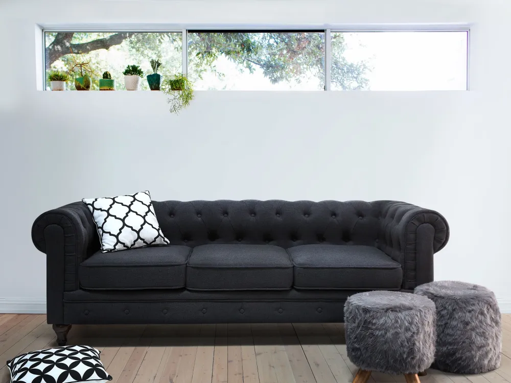 Divano vintage 3 posti tessuto grigio scuro CHESTERFIELD
