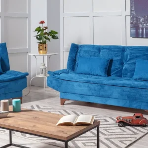 Set di divano e poltrona trasformabile 3 posti tessuto blu Lefkada