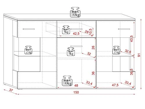 3xEliving Cassettiera moderna Izabela, 150 cm, nero lucido