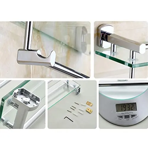 ABBD Portaoggetti Moderno Vetro per Bagno Montato Parete con Barra e portasciugamani Acciaio Inossidabile Cromato Lucido,...