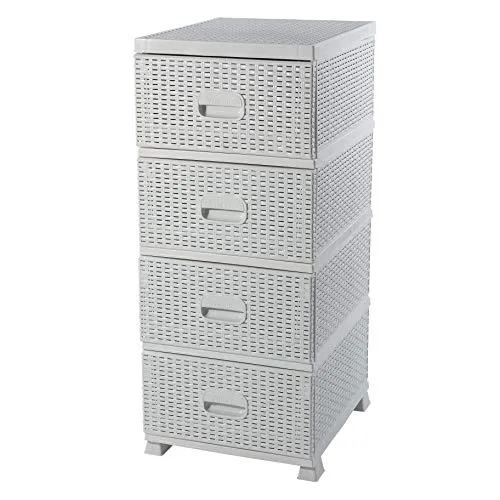 ADGO Armadio con 4 cassetti, rattan, per camera da letto, armadio, plastica, 38 x 45 x 90 cm, colore: bianco