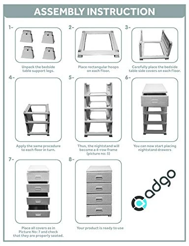 ADGO Armadio con 4 cassetti, rattan, per camera da letto, armadio, plastica, 38 x 45 x 90 cm, colore: bianco
