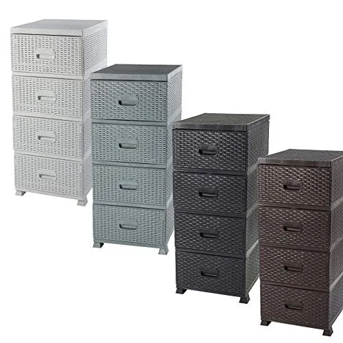ADGO Armadio con 4 cassetti, rattan, per camera da letto, armadio, plastica, 38 x 45 x 90 cm, colore: bianco