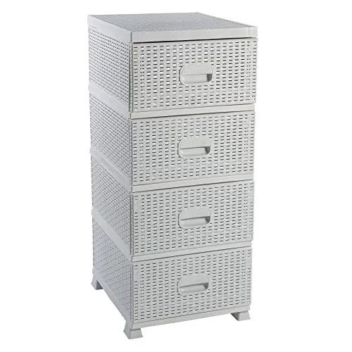 ADGO Armadio con 4 cassetti, rattan, per camera da letto, armadio, plastica, 38 x 45 x 90 cm, colore: bianco