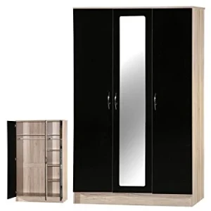 Alpha Armadio specchio 3 ante effetto Sanremo, legno, rovere nero e Sanremo, 180,5 x 110 x 51,5 cm, colore: nero lucido e...