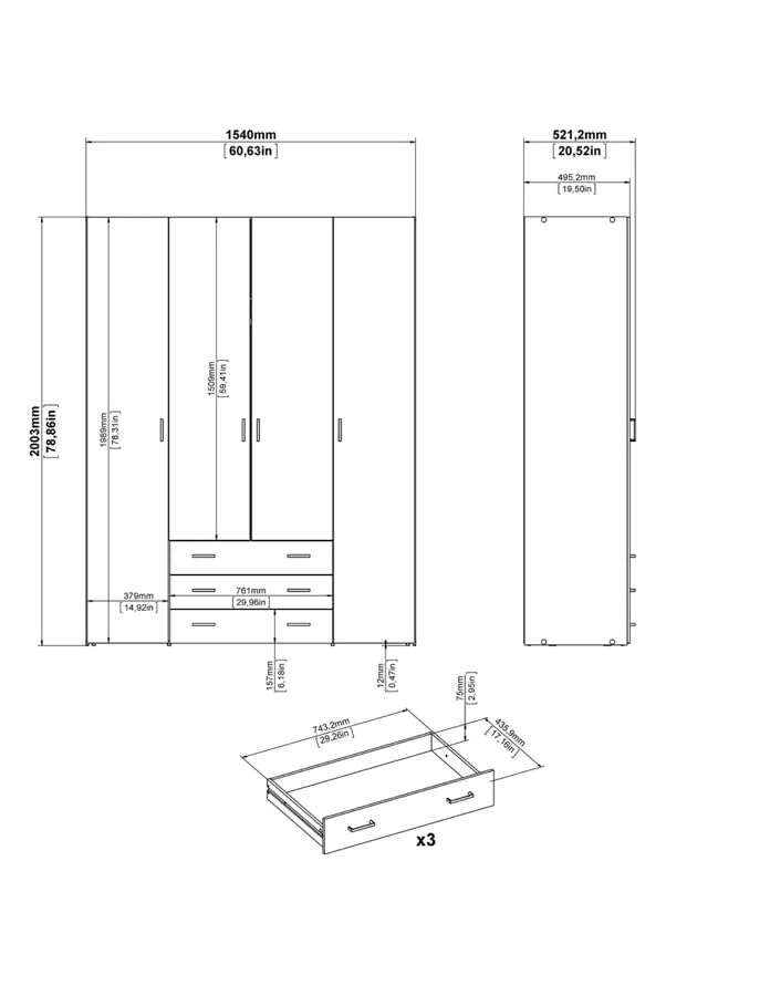 Armadio 4 ante e 3 cassetti bianco, 154X49,5X200,4H Arredo Stock