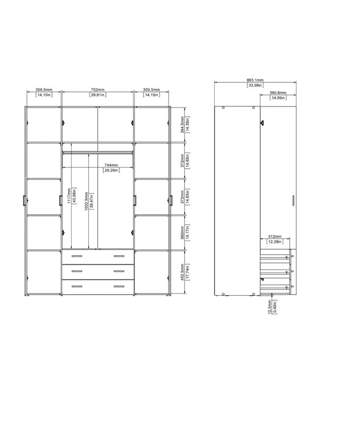 Armadio 4 ante e 3 cassetti bianco, 154X49,5X200,4H Arredo Stock