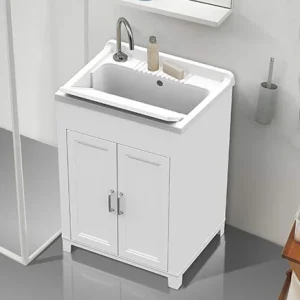 Arredobagnoecucine Mobile lavatoio,cm.60x50x85, kit, 2 ante,vasca e asse lavapanni,resina bianco