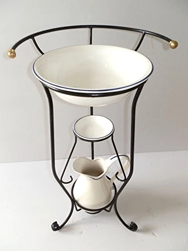 arterameferro Set Toilette Completo lavabo Ceramica Bianca Bordo Blu Toscana 3 Pezzi Ferro Battuto