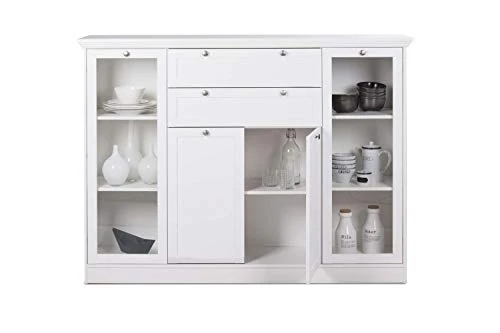 AVANTI TRENDSTORE - Lando - Comó Legno Laminato di Colore Bianco con 2 Ante Vetro, 2 Ante Legno e 2 cassetti, Cornice Supe...