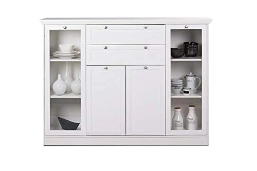 AVANTI TRENDSTORE - Lando - Comó Legno Laminato di Colore Bianco con 2 Ante Vetro, 2 Ante Legno e 2 cassetti, Cornice Supe...