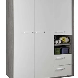 AVANTI TRENDSTORE - Pedri - Armadio con 3 Ante e 2 casseti, Legno d'imitazione Colore Cemento/Bianco Lucido, ca. 153,5x216...