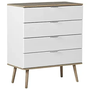 Beliani Cassettiera Bianca e MDF Colore Legno Chiaro con 4 Cassetti 93 x 79 cm Walpi