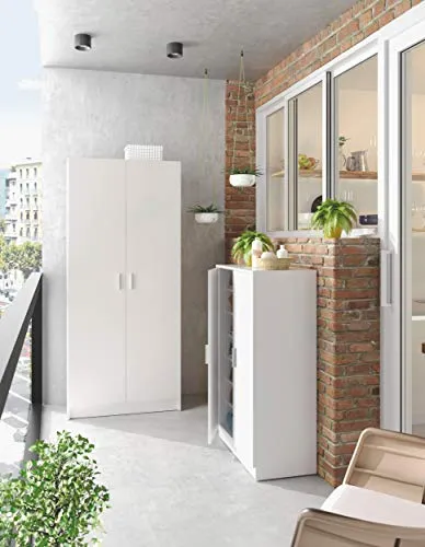 Bridge Armadio Multiuso, Armadio Legno 7 Ripiani, Armadio 2 Ante, 108 x 55 x 36 cm, Bianco Bricozone