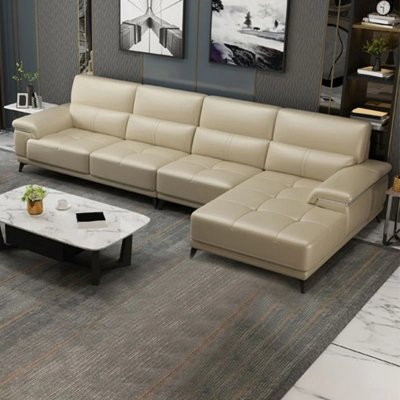 135,83" L x 66,93" P x 36,22" Divano vera pelle e chaise longue con schienale cucito Clearhalo