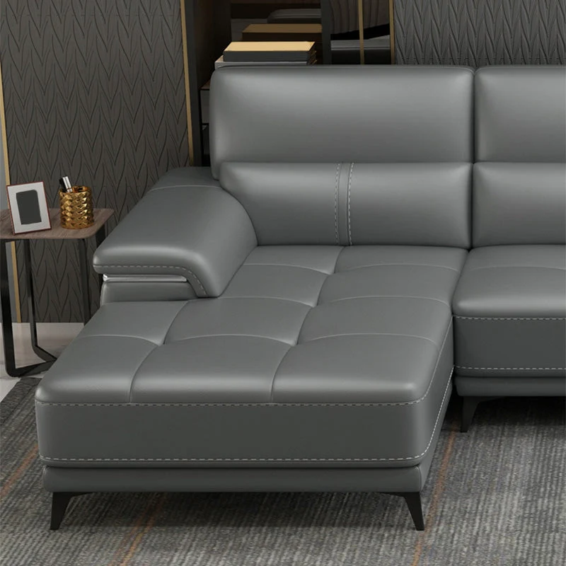 135,83" L x 66,93" P x 36,22" Divano vera pelle e chaise longue con schienale cucito Clearhalo