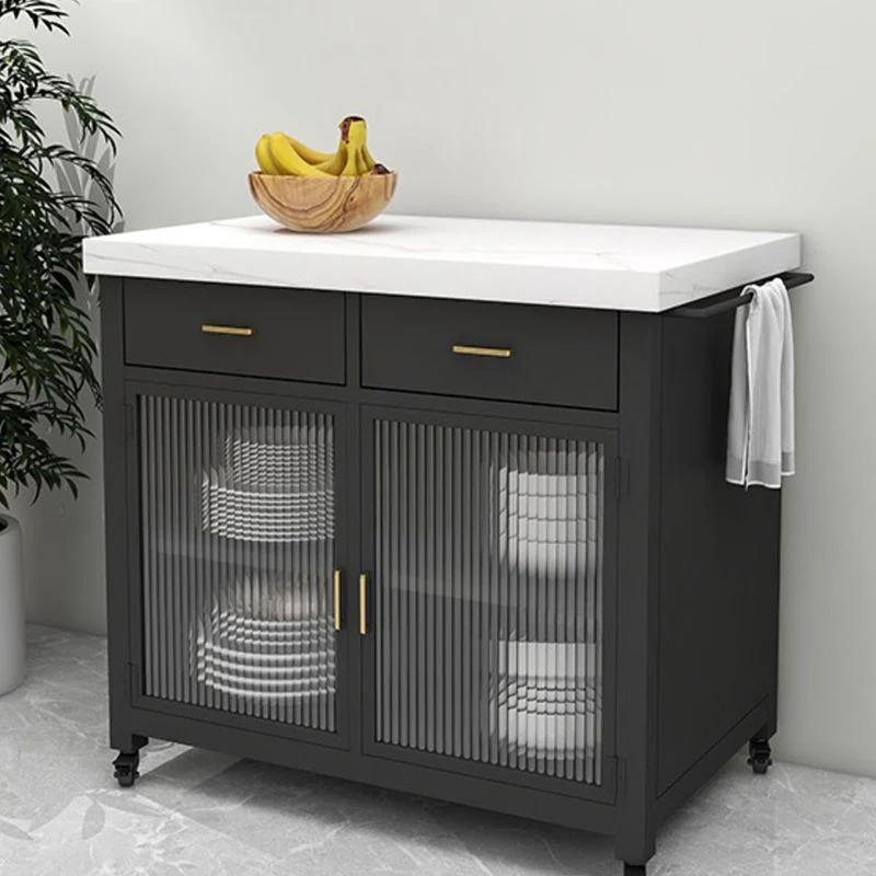 Carrello da cucina con piano finto marmo, isola, moderno, rettangolare, con 2 cassetti Clearhalo