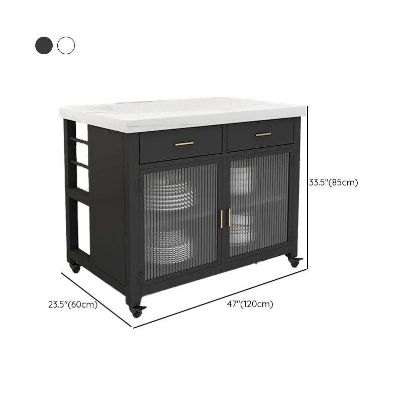 Carrello da cucina con piano finto marmo, isola, moderno, rettangolare, con 2 cassetti Clearhalo
