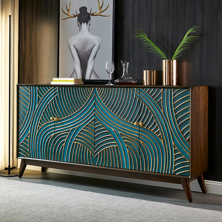 Credenza buffet legno massello con ripiani regolabili stile Glam con ante Clearhalo