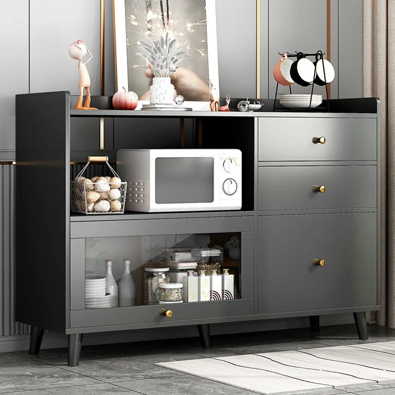 Credenza moderna buffet con contenitori aperti, legno ingegnerizzato nero, con 3 cassetti Clearhalo
