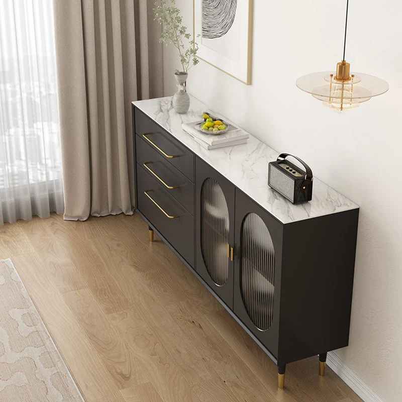 Credenza moderna buffet nera, server da pranzo legno ingegnerizzato con cassetti e portaoggetti Clearhalo