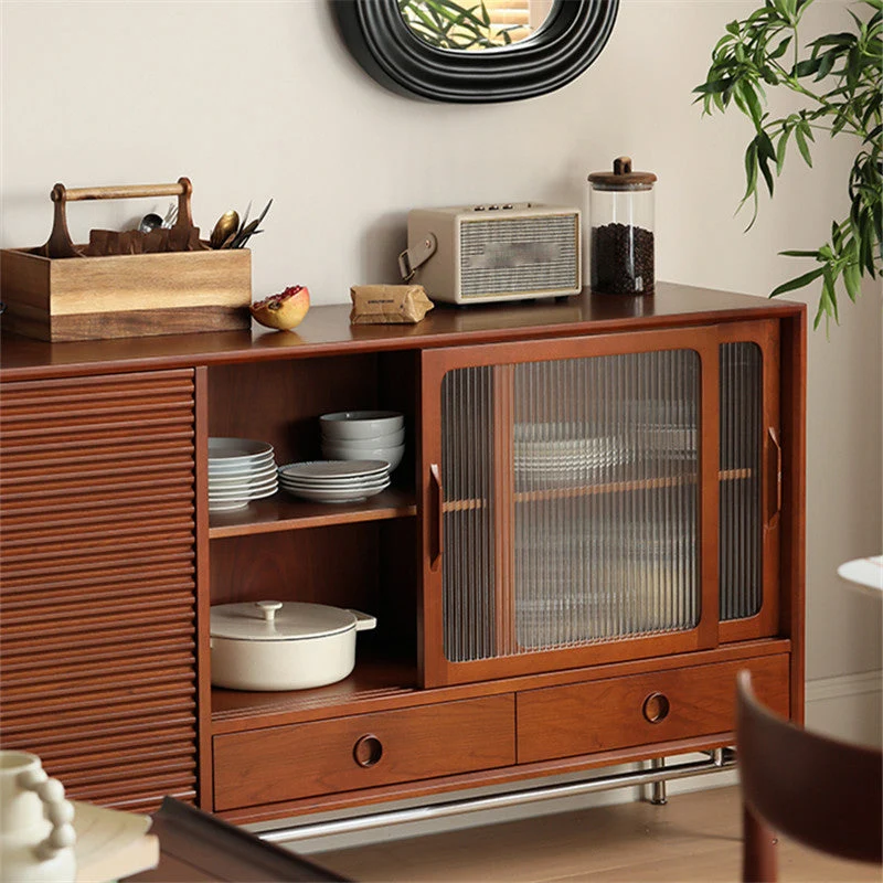 Credenza moderna con ante vetro e contenitori marrone Clearhalo