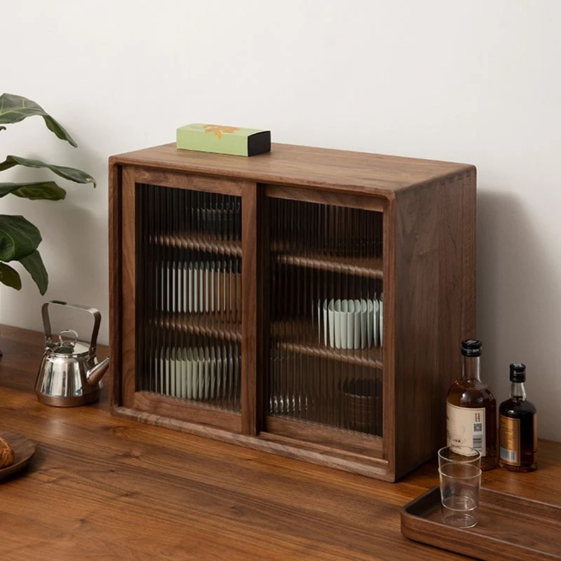 Credenza moderna con ante vetro marrone, tavolo da buffet legno massello per soggiorno Clearhalo