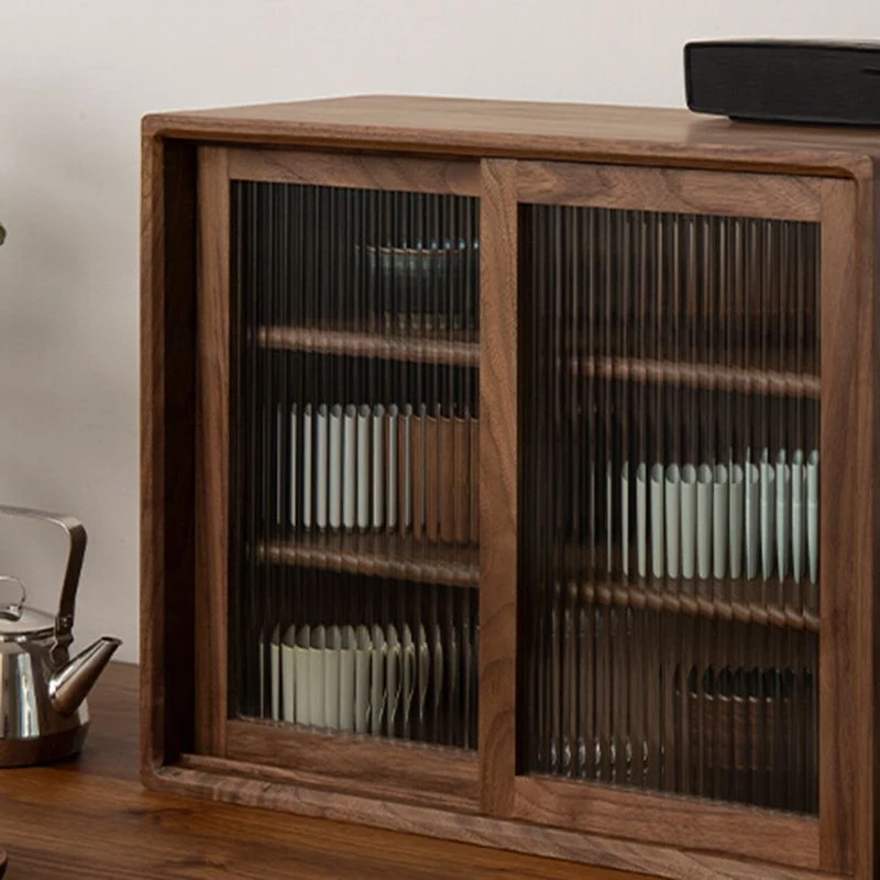 Credenza moderna con ante vetro marrone, tavolo da buffet legno massello per soggiorno Clearhalo