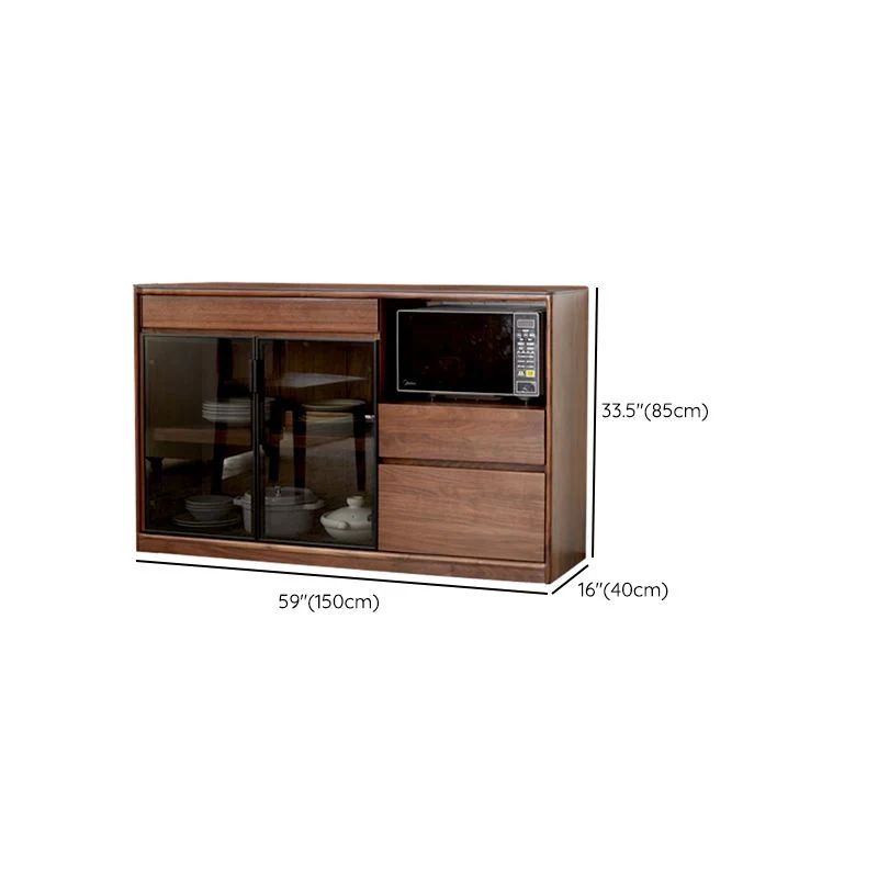 Credenza moderna legno massello con anta vetro 3 cassetti marrone Clearhalo