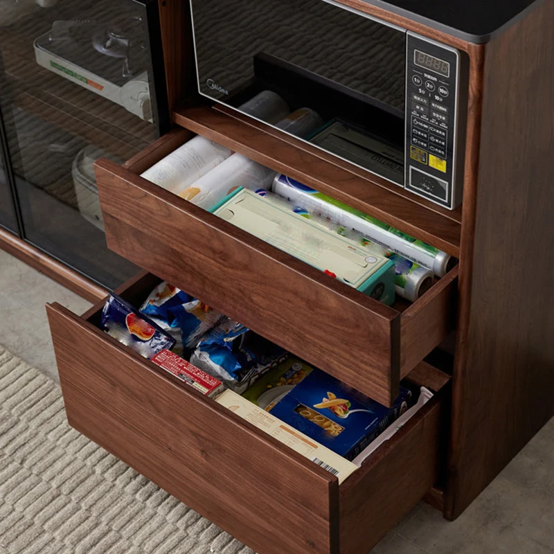 Credenza moderna legno massello con anta vetro 3 cassetti marrone Clearhalo