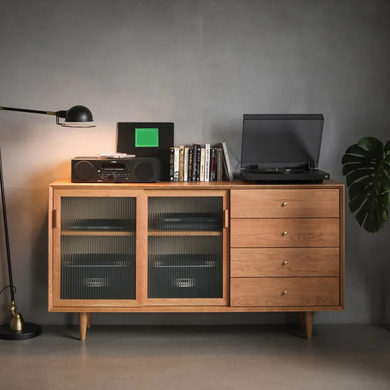 Credenza moderna legno massello con ante vetro, armadi e cassetti Clearhalo
