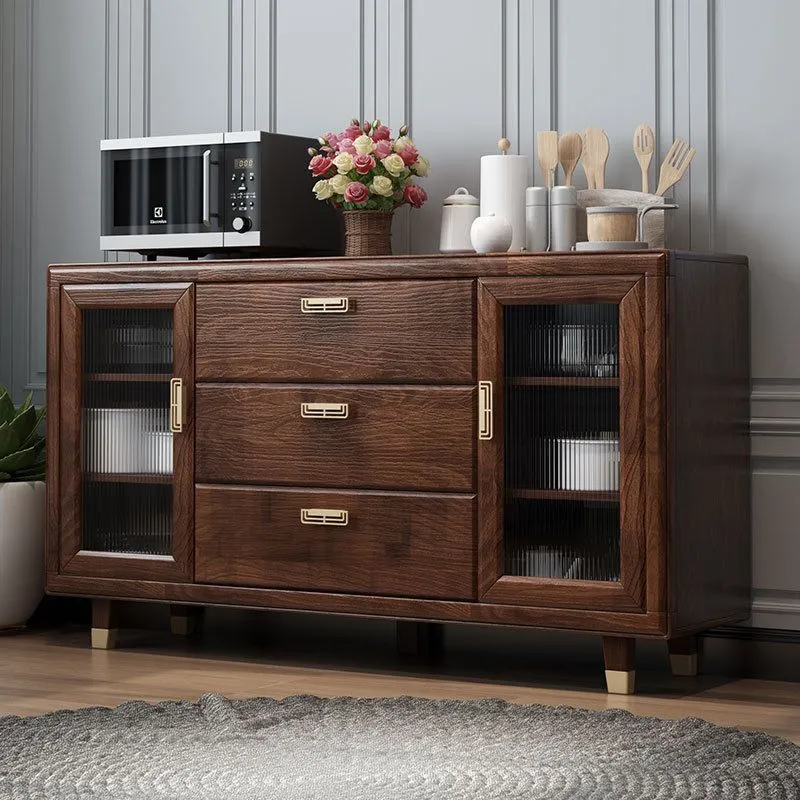 Credenza moderna legno massello di legno di gomma da 34,5 pollici di altezza marrone per sala da pranzo Clearhalo