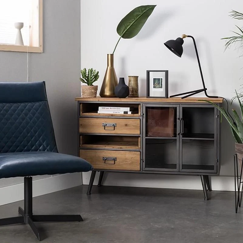 Credenza moderna legno massello e metallo con server da pranzo, con cassetti e armadietti Clearhalo