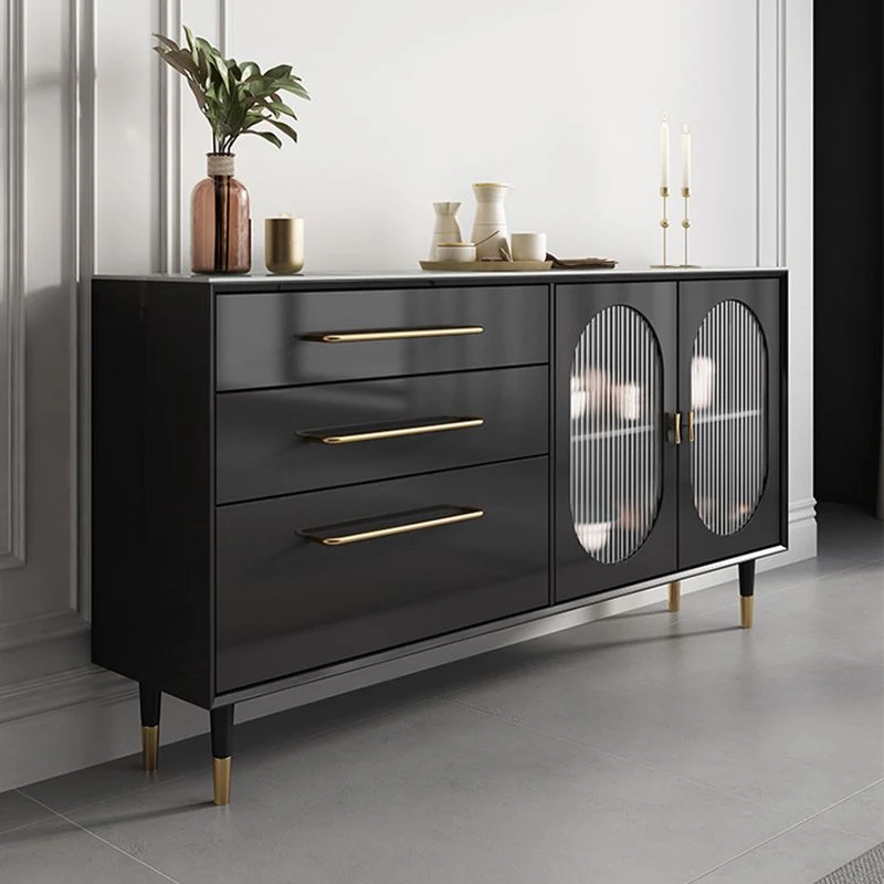 Credenza moderna nera da pranzo con ante vetro e cassetti Clearhalo