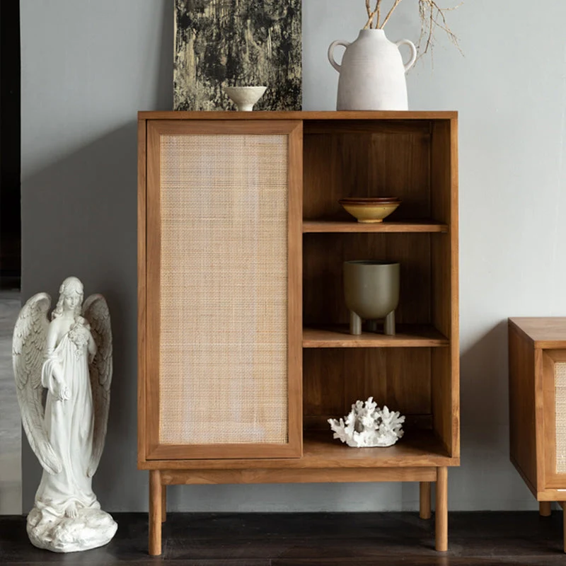 Credenza moderna da pranzo legno massello marrone con 3 cassetti e 1 anta rattan Clearhalo