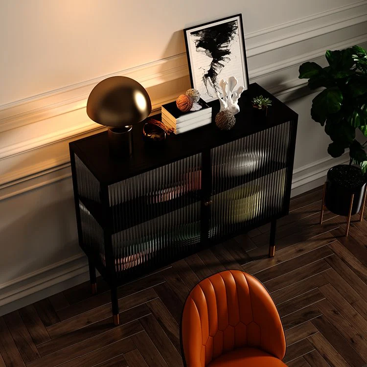 Credenza nera con ante vetro, stile Glam, tavolo da buffet da 35,4 pollici di altezza Clearhalo
