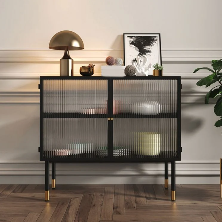 Credenza nera con ante vetro, stile Glam, tavolo da buffet da 35,4 pollici di altezza Clearhalo